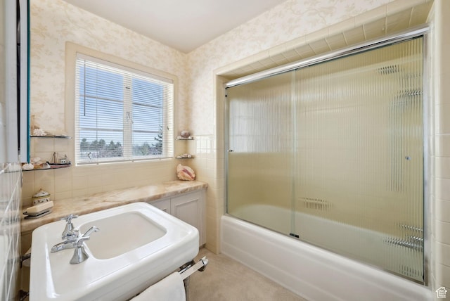 1500 E Arlington Dr, Salt Lake City, UT 84103 - bathroom featuring wallpapered walls, combined bath / shower with glass door, and a sink