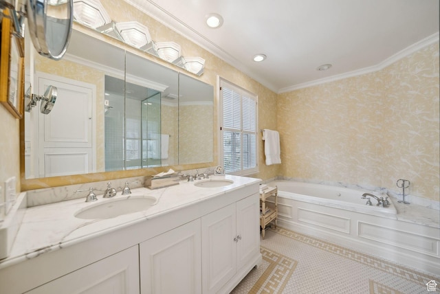 1500 E Arlington Dr, Salt Lake City, UT 84103 - full bath featuring wallpapered walls, a bath, ornamental molding, and a sink