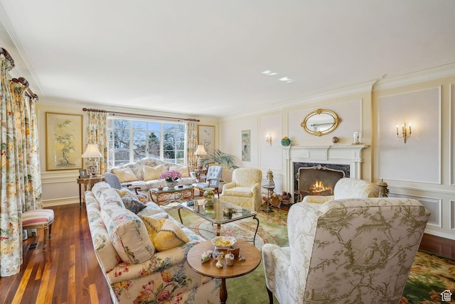 1500 E Arlington Dr, Salt Lake City, UT 84103 - living room featuring wood finished floors, a decorative wall, a high end fireplace, and crown molding