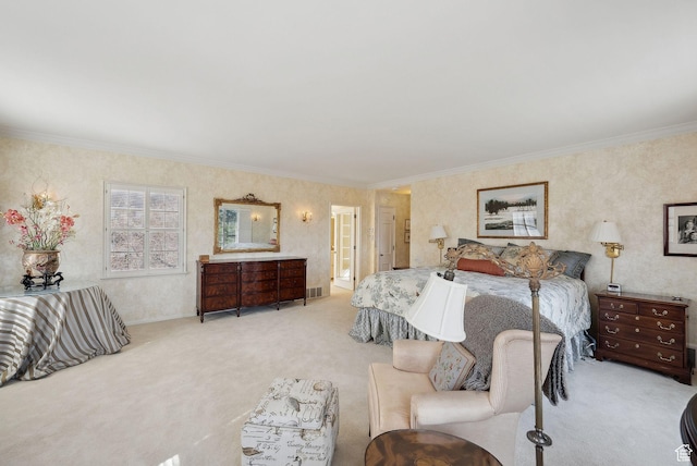 1500 E Arlington Dr, Salt Lake City, UT 84103 - carpeted bedroom featuring ornamental molding, visible vents, and wallpapered walls