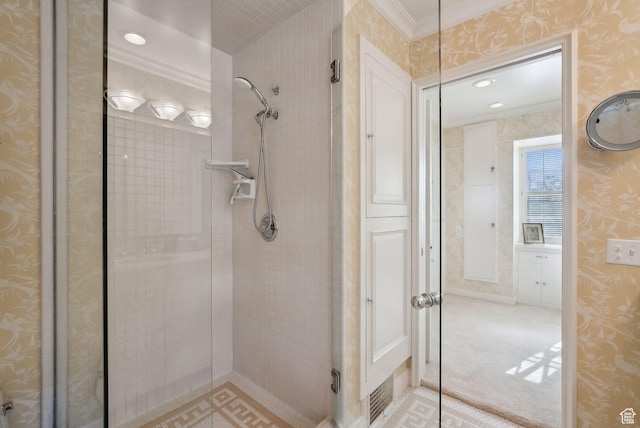1500 E Arlington Dr, Salt Lake City, UT 84103 - bathroom featuring recessed lighting, wallpapered walls, crown molding, and a stall shower