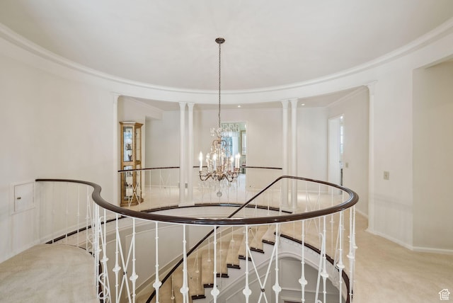 1500 E Arlington Dr, Salt Lake City, UT 84103 - staircase featuring baseboards, carpet flooring, a notable chandelier, and crown molding