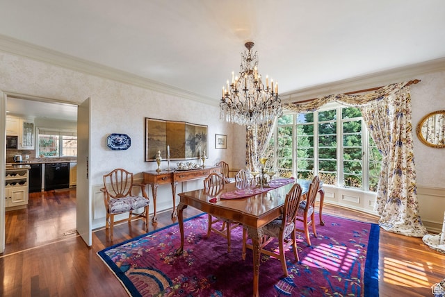 1500 E Arlington Dr, Salt Lake City, UT 84103 - dining room featuring wallpapered walls, wood finished floors, a notable chandelier, and crown molding