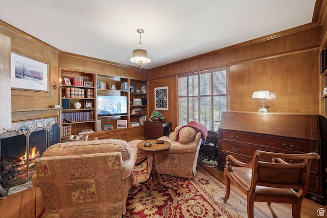 1500 E Arlington Dr, Salt Lake City, UT 84103 - sitting room with a high end fireplace, wood walls, and ornamental molding