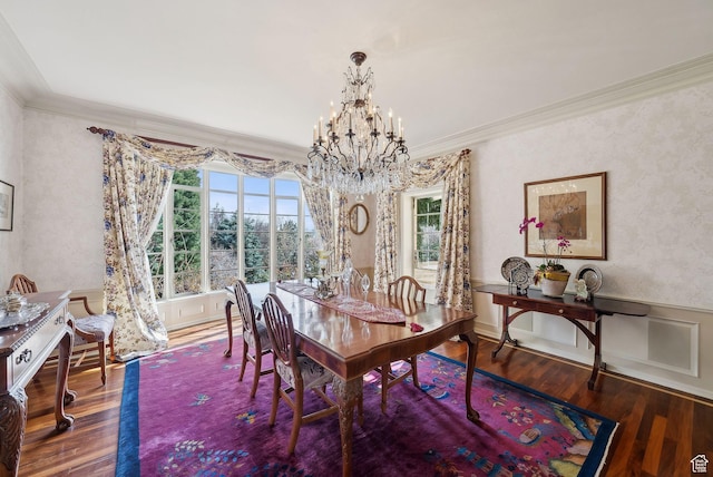 1500 E Arlington Dr, Salt Lake City, UT 84103 - dining room featuring ornamental molding, wood finished floors, a chandelier, and a wainscoted wall