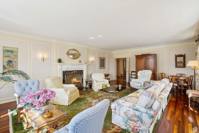 1500 E Arlington Dr, Salt Lake City, UT 84103 - living room featuring a premium fireplace, wood finished floors, a decorative wall, and crown molding