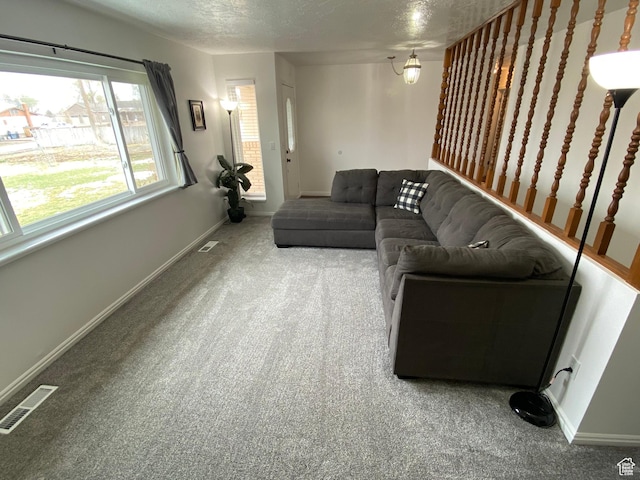 155 W 350 S, Glenwood, UT 84730 - carpeted living room with baseboards, a textured ceiling, and visible vents