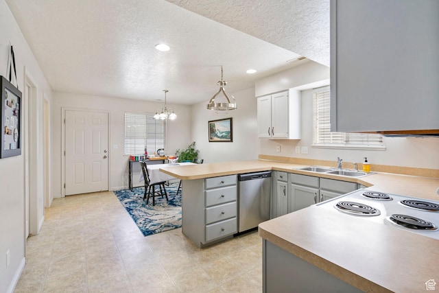 6160 S 1350 E, South Ogden, UT 84405 - kitchen with a textured ceiling, a sink, a chandelier, dishwasher, and a peninsula