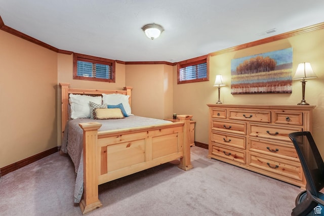 1230 E 11th Ave N, Salt Lake City, UT 84103 - bedroom featuring baseboards, visible vents, light colored carpet, and ornamental molding