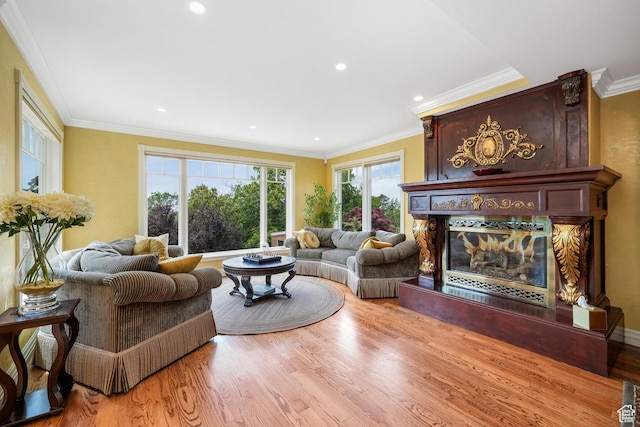 1230 E 11th Ave N, Salt Lake City, UT 84103 - living area with a fireplace, wood finished floors, recessed lighting, and ornamental molding
