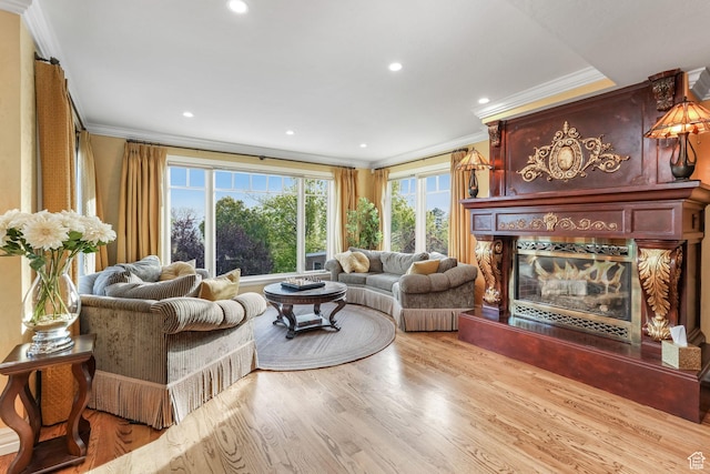 1230 E 11th Ave N, Salt Lake City, UT 84103 - living area with recessed lighting, a high end fireplace, wood finished floors, and ornamental molding