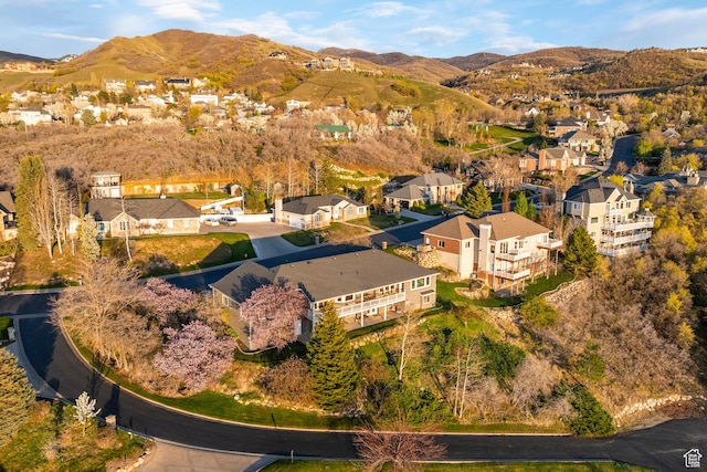 bird's eye view featuring a mountain view and a residential view