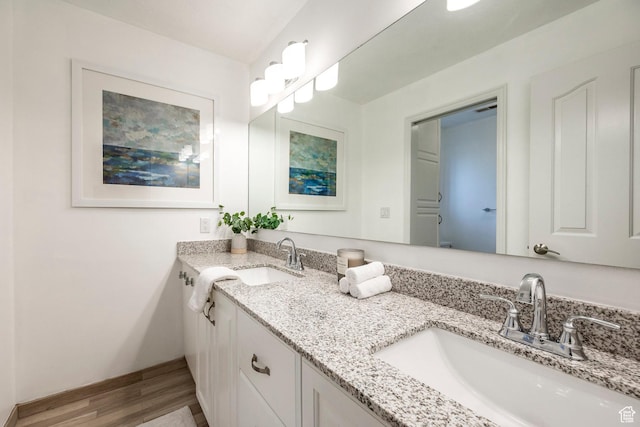 bathroom featuring double vanity, wood finished floors, and a sink