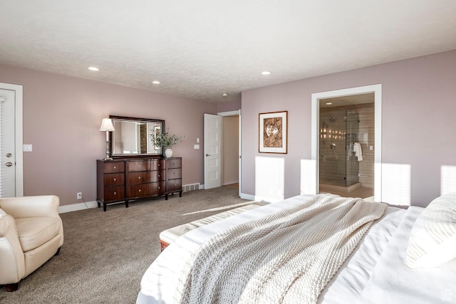 bedroom with baseboards, recessed lighting, visible vents, and carpet