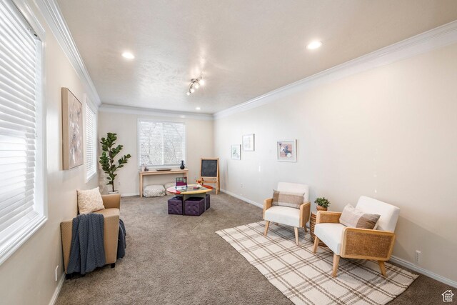 sitting room with recessed lighting, carpet, and ornamental molding