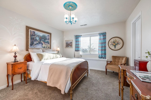 bedroom featuring baseboards, visible vents, carpet floors, and a notable chandelier