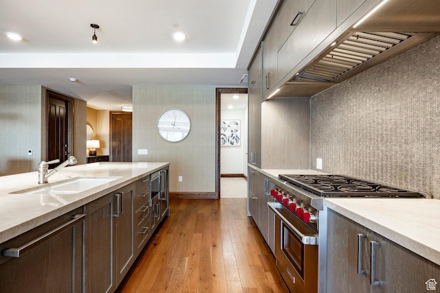 kitchen with range hood, a sink, light wood-style floors, light stone countertops, and stainless steel stove