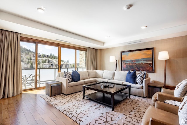 living room featuring light wood-style floors and a healthy amount of sunlight