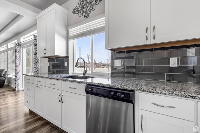 kitchen featuring a sink, white cabinets, decorative backsplash, dishwasher, and dark wood finished floors