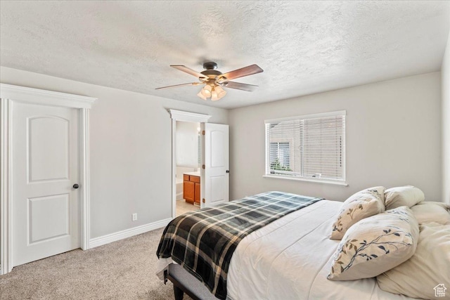 7134 S Rialto Way, West Jordan, UT 84081 - bedroom featuring light colored carpet, baseboards, a textured ceiling, ceiling fan, and ensuite bath