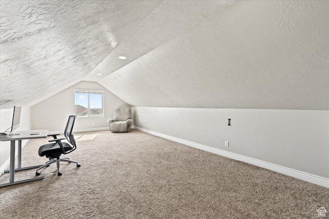 7134 S Rialto Way, West Jordan, UT 84081 - unfurnished office featuring a textured ceiling, baseboards, carpet flooring, and vaulted ceiling