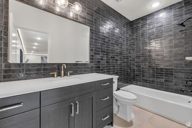 1338 S 1220 E, Salem, UT 84653 - full bath with tile patterned floors, shower / bathing tub combination, vanity, tile walls, and toilet