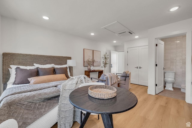 1338 S 1220 E, Salem, UT 84653 - bedroom with attic access, connected bathroom, light wood-type flooring, visible vents, and recessed lighting