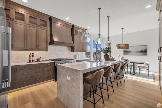 1338 S 1220 E, Salem, UT 84653 - kitchen featuring premium range hood, light wood-style floors, high end stove, and a sink