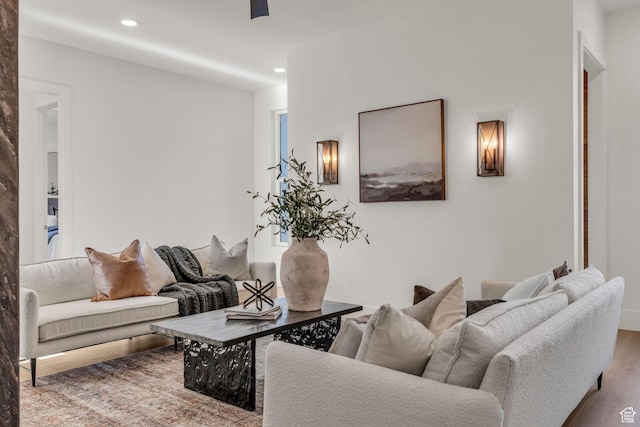1338 S 1220 E, Salem, UT 84653 - living room featuring a ceiling fan, wood finished floors, and recessed lighting