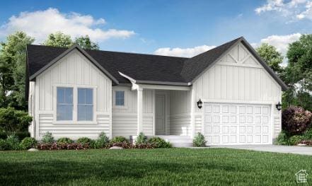 ranch-style home with board and batten siding, driveway, a front lawn, and a garage
