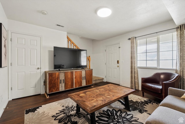 325 E 2300 N, North Ogden, UT 84414 - living area with stairway, baseboards, dark wood-type flooring, and visible vents