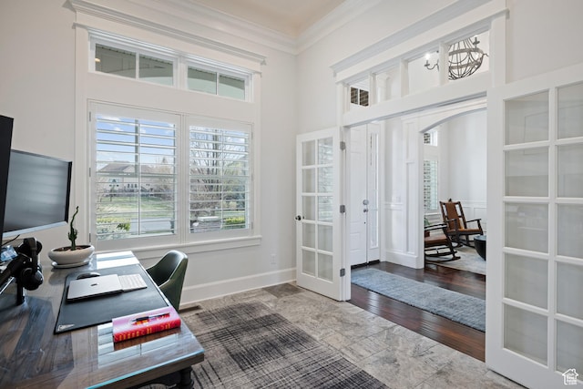 1263 E Chapman Ct, Alpine, UT 84004 - office space featuring arched walkways, crown molding, french doors, a high ceiling, and baseboards