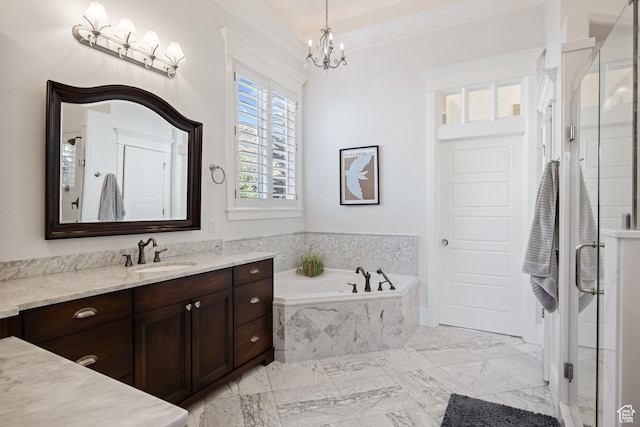 1263 E Chapman Ct, Alpine, UT 84004 - full bath featuring vanity, a bath, a stall shower, a chandelier, and marble finish flooring