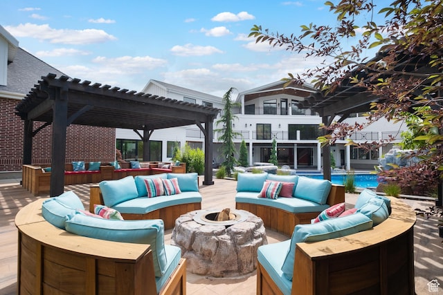 1263 E Chapman Ct, Alpine, UT 84004 - view of patio featuring an outdoor living space with a fire pit, a pergola, and an outdoor pool