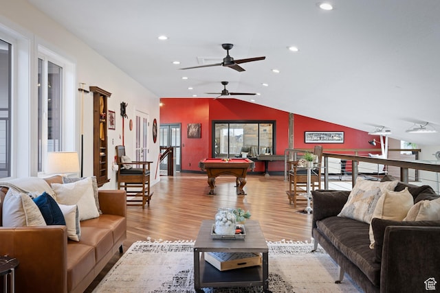 1263 E Chapman Ct, Alpine, UT 84004 - living room with ceiling fan, billiards, lofted ceiling, wood finished floors, and recessed lighting