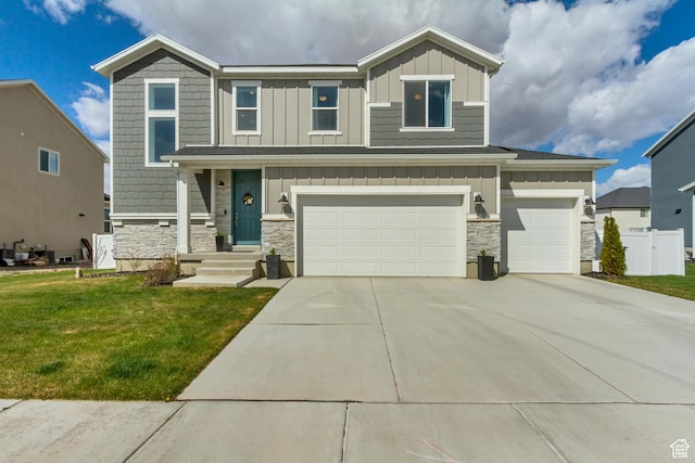 craftsman inspired home with concrete driveway, a front lawn, stone siding, and board and batten siding