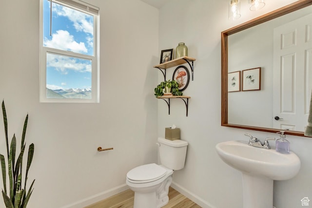 half bathroom featuring wood finished floors, baseboards, a sink, and toilet