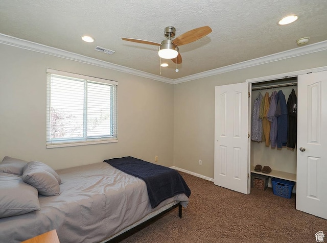 12261 S Stephens View Cir, Draper, UT 84020 - bedroom with carpet floors, a closet, recessed lighting, ornamental molding, and ceiling fan