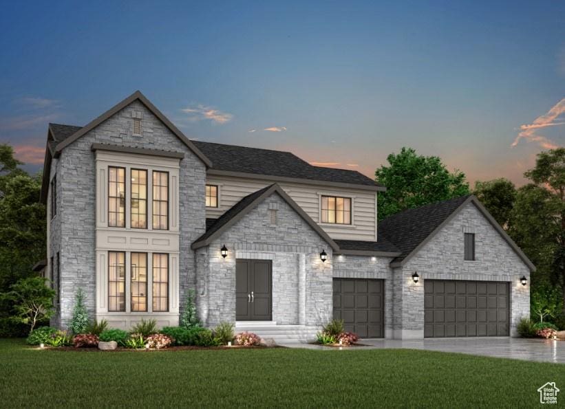 34 S Preston St, Kaysville, UT 84037 - view of front of home with stone siding, a front yard, concrete driveway, and a shingled roof