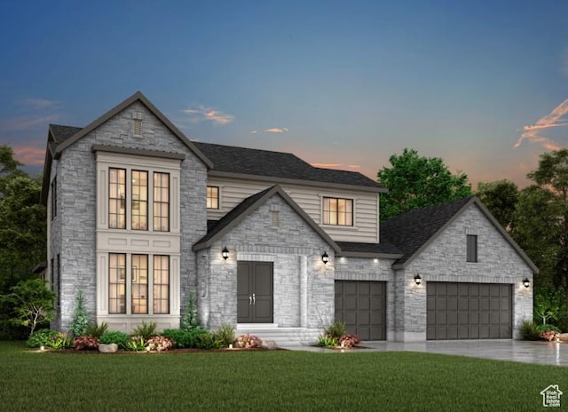 view of front of home with stone siding, a front yard, concrete driveway, and a shingled roof