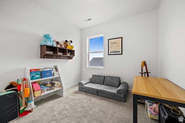 game room featuring carpet floors, visible vents, and baseboards