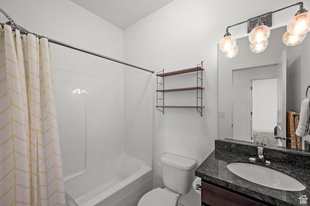 bathroom featuring shower / tub combo with curtain, toilet, and vanity