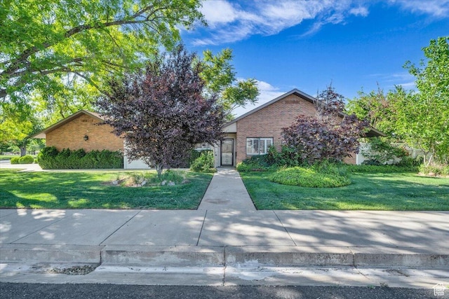 view of property hidden behind natural elements featuring brick siding and a front lawn