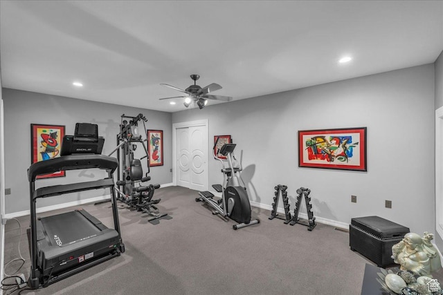 exercise room featuring baseboards, a ceiling fan, and recessed lighting