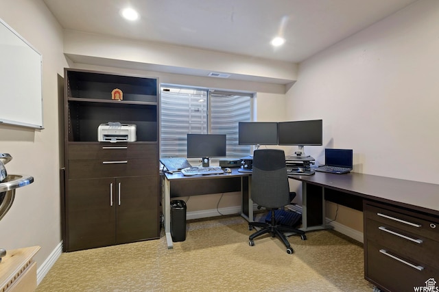 home office with baseboards, recessed lighting, and light colored carpet