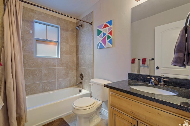full bath with shower / bath combination with curtain, toilet, and vanity