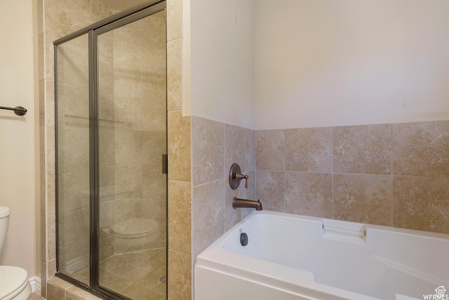 full bath featuring a shower stall, toilet, and a garden tub