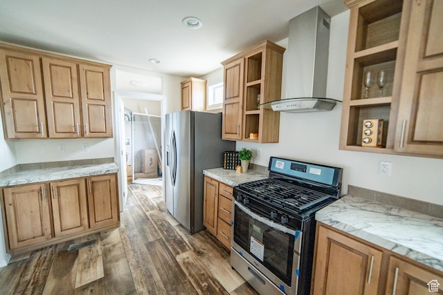 163 Eagle St, Eureka, UT 84628 - kitchen with dark wood-style floors, light stone counters, wall chimney range hood, open shelves, and appliances with stainless steel finishes