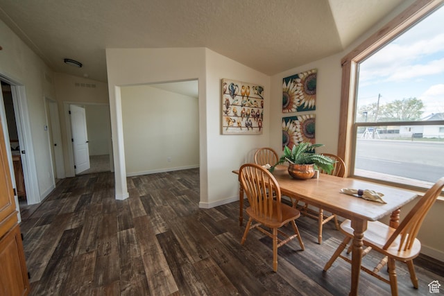 163 Eagle St, Eureka, UT 84628 - dining space with lofted ceiling, visible vents, a textured ceiling, and dark wood-style flooring