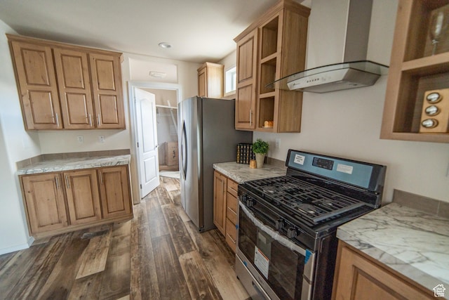 163 Eagle St, Eureka, UT 84628 - kitchen featuring stainless steel appliances, open shelves, wall chimney range hood, dark wood-type flooring, and brown cabinetry
